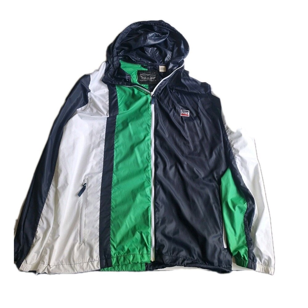 Levi's Windbreaker Mens XXL Green White Blue Striped Full Zip Hooded Jacket 2XL